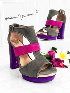 VINCE CAMUTO Gray Suede Block Heels with Fuchsia/Purple Details, Rivet Accents